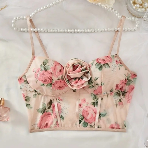 Elegant Floral Print Mesh Cami Top - Semi-Sheer, Stretchy Polyester Blend - Picture 1 of 5